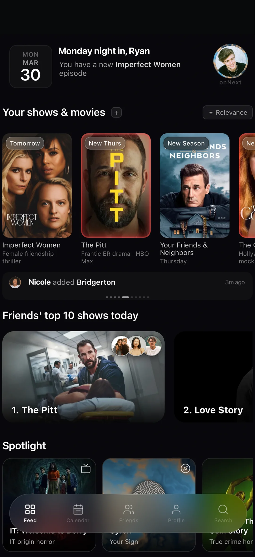 The onNext home feed showing what your friends are watching this week